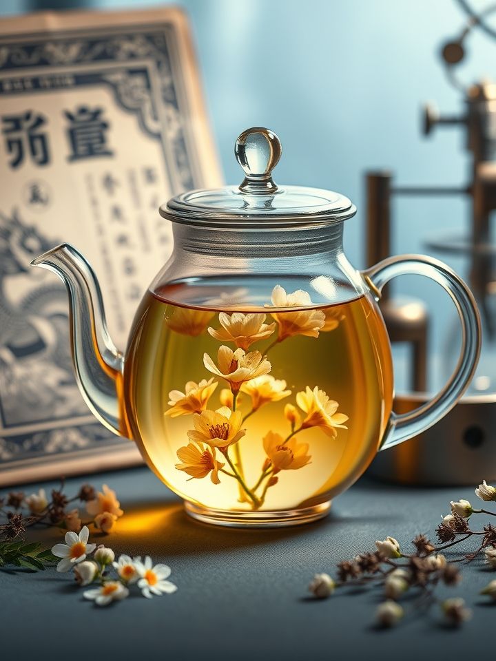 玻璃壶中绽放的合欢茶汤，金色茶汤悬浮完整花瓣，背景是龙氏茶谱古籍与现代化检测仪器对比陈列