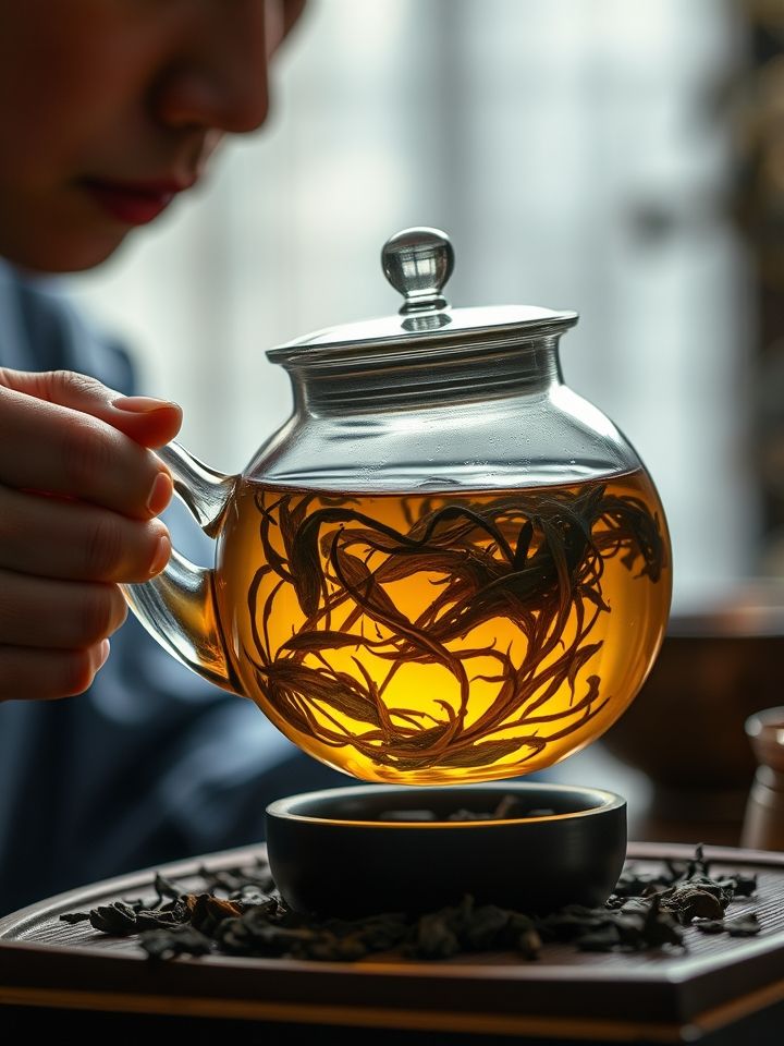 茶艺师冲泡含梗普洱，茶汤透亮叶底交织如画