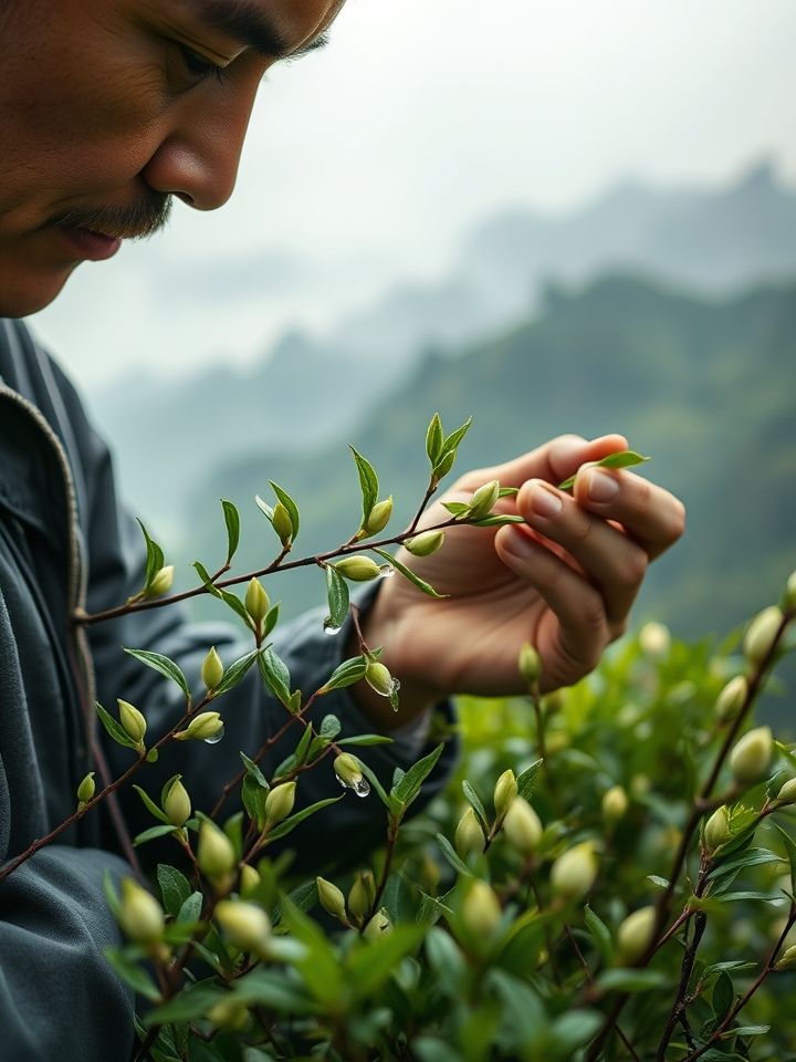 茶农轻采柳芽特写，有露珠点缀嫩叶，背景为朦胧青山与柳林，自然馈赠匠心采制