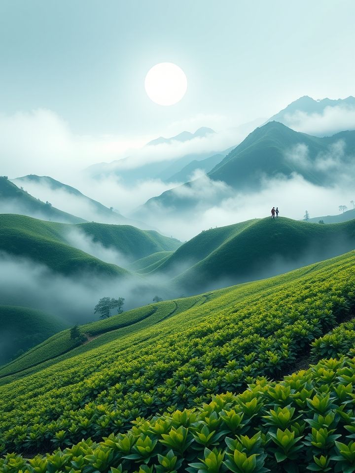 青翠茶山全景图，薄雾缭绕采茶场景