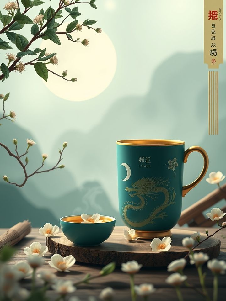 品牌IP“茶小龙”主题物料图，体现龙的良方式茶专属IP形象“茶小龙”在杯身设计、周边礼品等场景的应用以凸显品牌文化辨识度