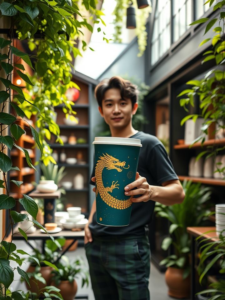顾客在绿植环绕ins风门店外摆区持金龙纹路杯套打卡拍照
