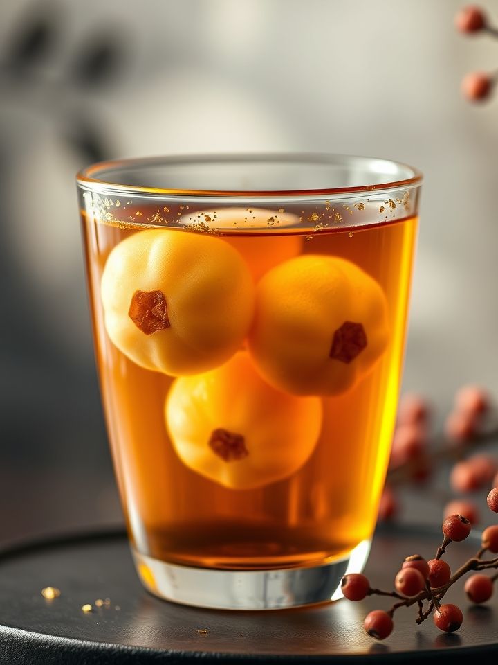 特写饮品分层美学，琥珀色茶汤中悬浮整颗去核龙眼，杯沿点缀可食用金箔