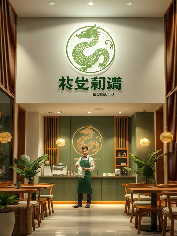 展示宽敞明亮的龙的良方奶茶门店实景，店员递送招牌饮品，突出门头LOGO