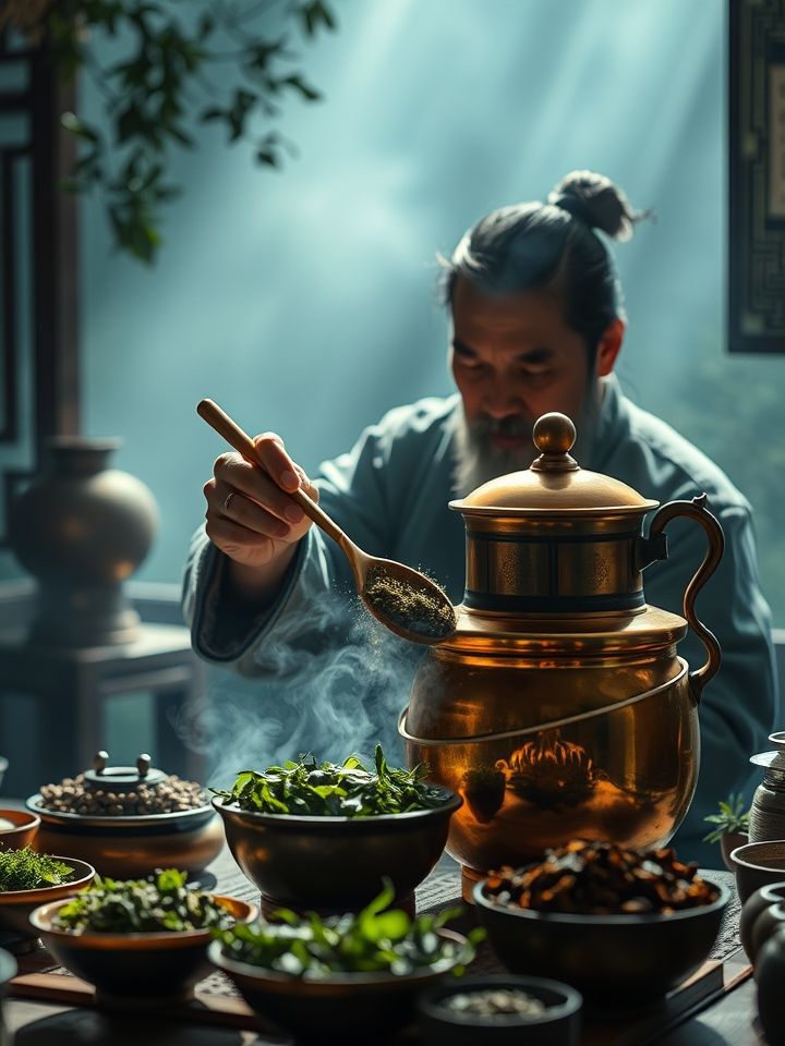 古法熬煮，匠心沉淀，茶艺师手持木勺专注熬煮铜锅中草本原料的传统制作场景