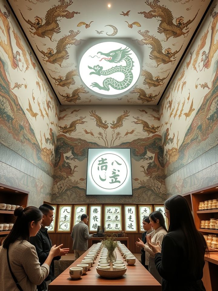 突出地域文化元素与品牌视觉融合，展示挑高6米的门店全景，墙面敦煌飞天壁画与龙形LOGO灯箱交错，顾客手持“龙纹杯”在茶饮制作区互动