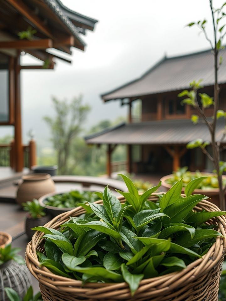 手工采摘易武古树茶青、一芽两叶肥硕鲜嫩、茶农竹篓铺满墨绿油润鲜叶、传统傣族木制茶坊