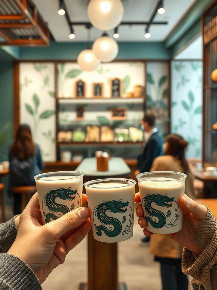 展示龙的良方式茶门店实拍，明亮国风空间内顾客手持印龙头logo杯装奶茶，背景有草本原料展示区