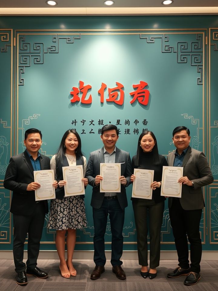 加盟签约现场，五位创业者在品牌文化墙前手持加盟授权书合影