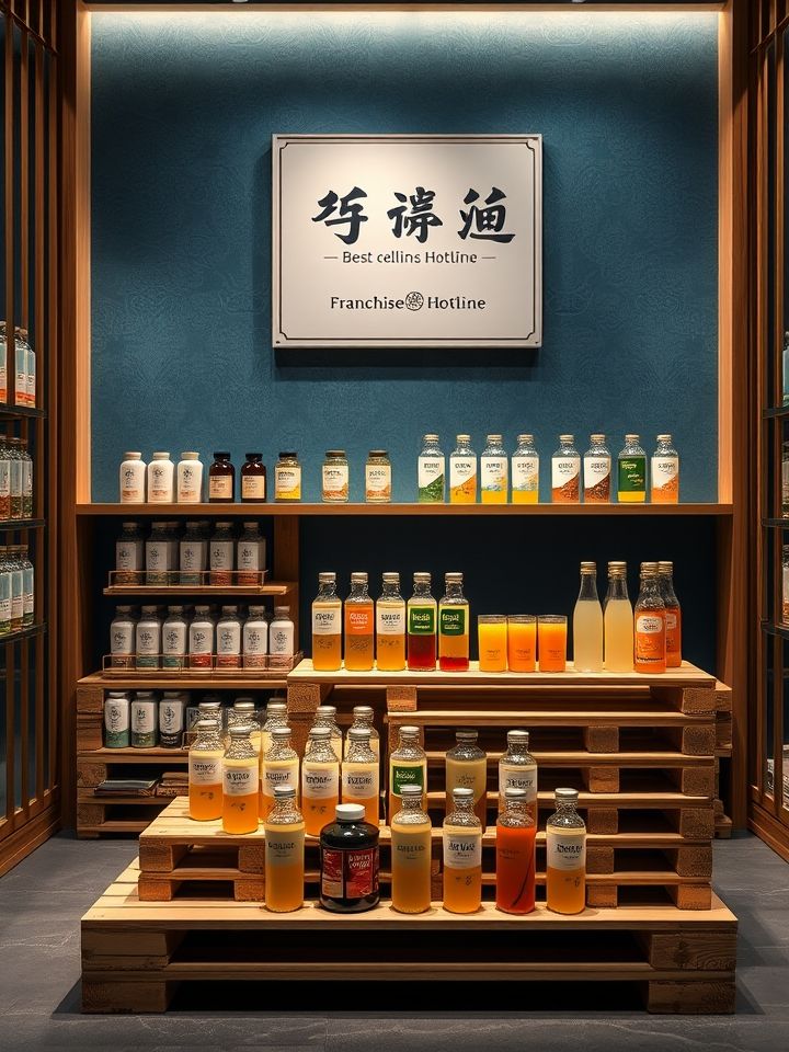 展示门店热销产品组合，木质托盘陈列招牌饮品，搭配“加盟热线”浮窗设计