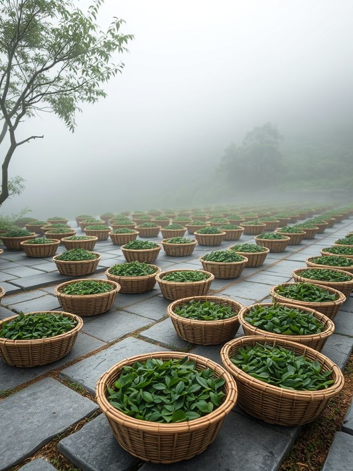 十两茶是什么茶相关的(**插图1**：晨雾笼罩的安化生态茶园，竹篓装盛的十两茶整齐码放于青石板上)
