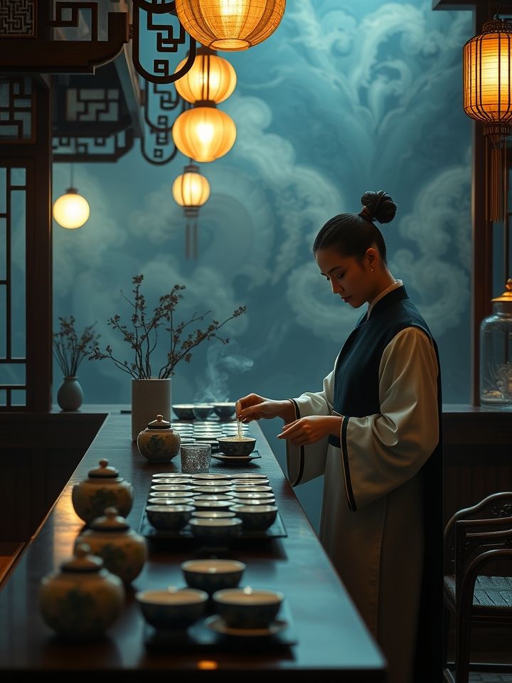 古色古香吧台前着汉元素制服人员泡茶展现东方美学氛围