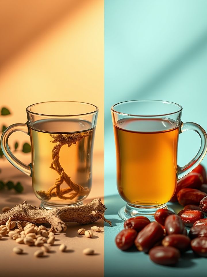 展示黄芪与绿茶混合冲泡（不推荐）和黄芪配红枣（科学搭配）对比，背景有冷暖色调差异