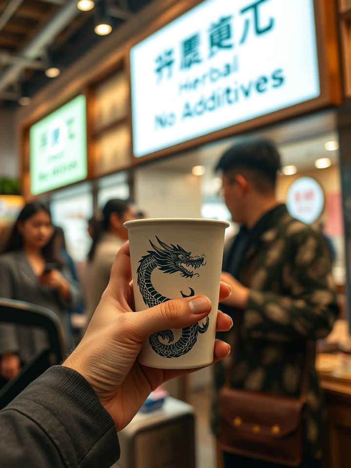 门店实拍图，顾客手持印有龙形LOGO的杯身排队点单，背景灯箱突出“草本0添加”标语