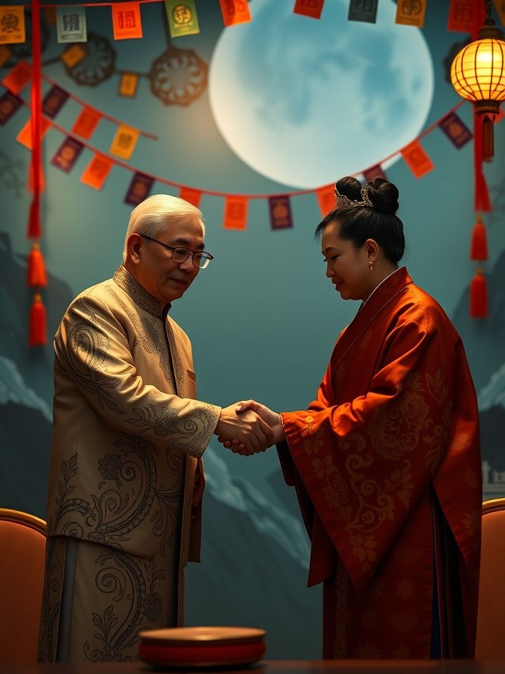 加盟签约仪式，品牌代表与身着传统服饰的加盟商在印有经幡元素的签约背板前握手