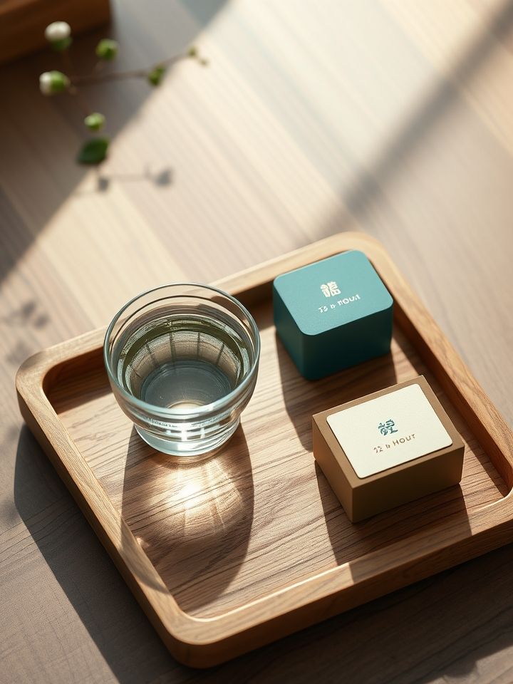 木质茶盘上放清茶与药品盒，有间隔两小时标识，体现科学饮用理念；插图2提示