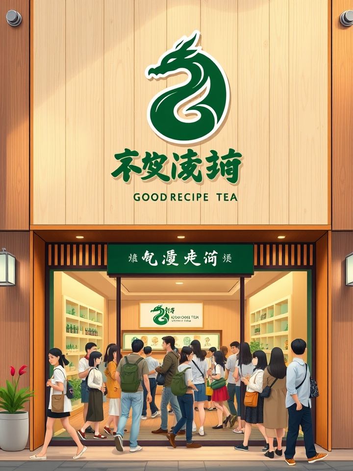 龙的良方茶饮加盟店相关的**插图1**:（门店外观实拍图：简约木质风格门头搭配醒目的“龙的良方式茶”品牌logo，门前顾客络