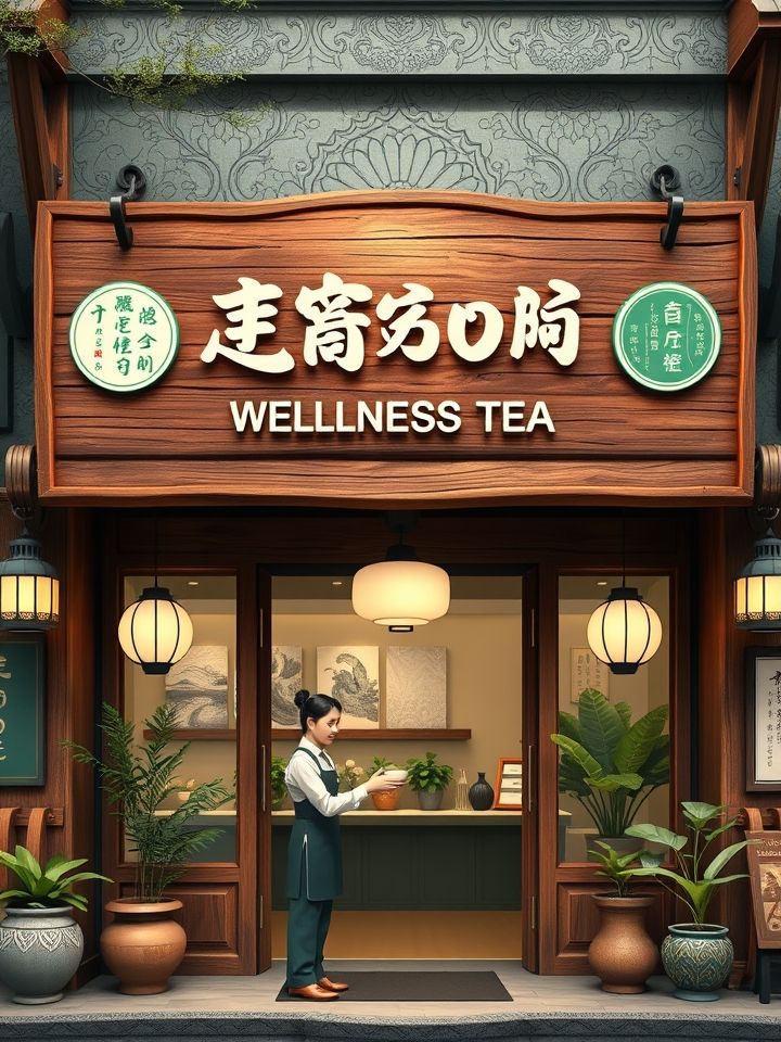 龙的良方奶茶店加盟相关的**插图1**：古色古香的品牌旗舰店门头，木质匾额上“龙的良方式茶”字样醒目，店员正为顾客递上一杯招