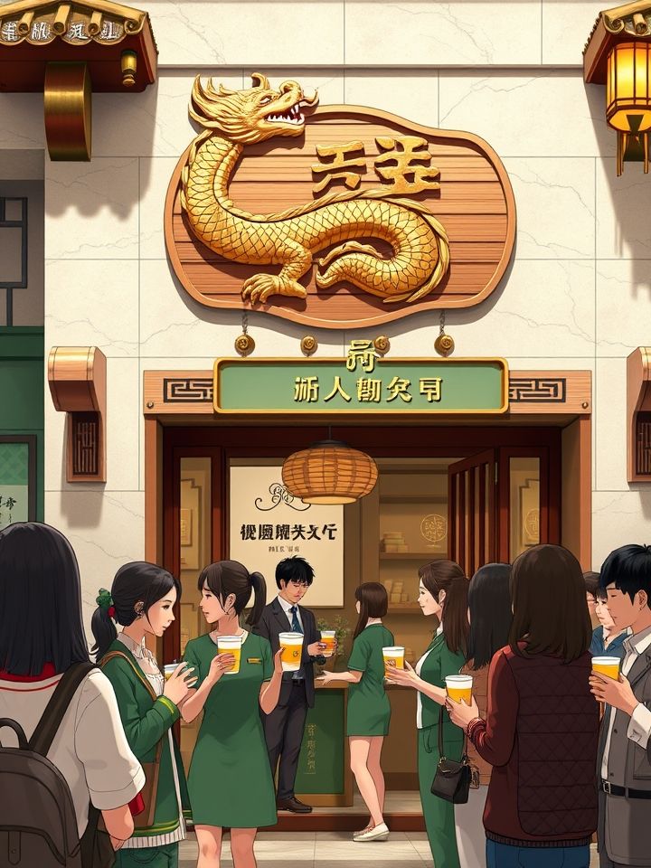 开一个龙的良方奶茶店相关的(**插图1**:古风门店全景，木质招牌上金龙盘绕，店员正为排队顾客递上新品试饮杯)</p>
<p>_插图提示