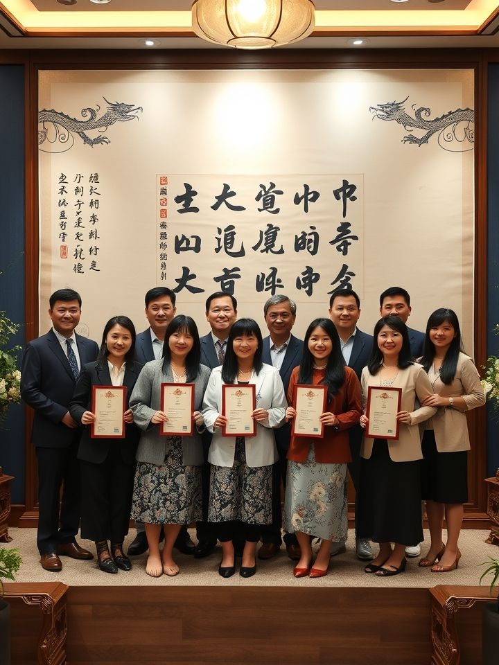 加盟团队合影，背景为“龙的良方式茶商学院”授牌仪式