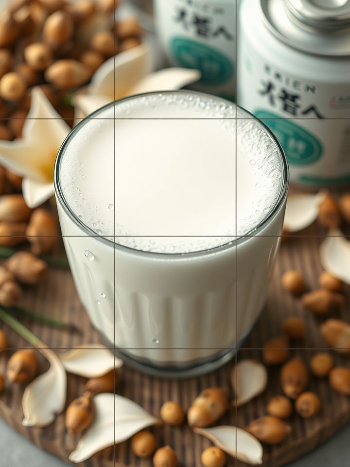 强化地域食材可视化表达，呈现九宫格产品陈列，中心为龙井奶霜特写，杯壁凝结水珠，背景摆放百合干、牦牛奶罐等原料
