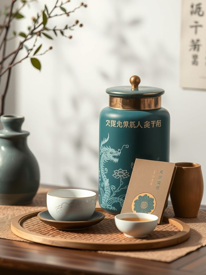 中式茶席场景，龙毫茶罐与节气手册的创意摆拍