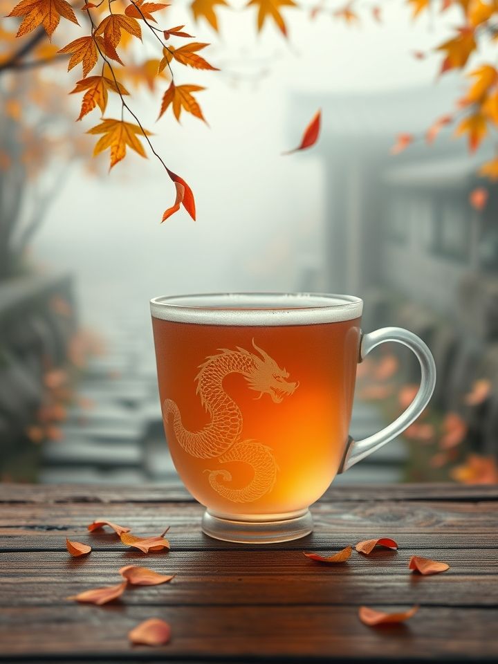 朦胧雾气中，印有金色龙纹的磨砂杯静立木桌，杯中琥珀色茶汤泛起涟漪，飘落桂花与杯口热气交织，背景是铺满枫叶的石板小径