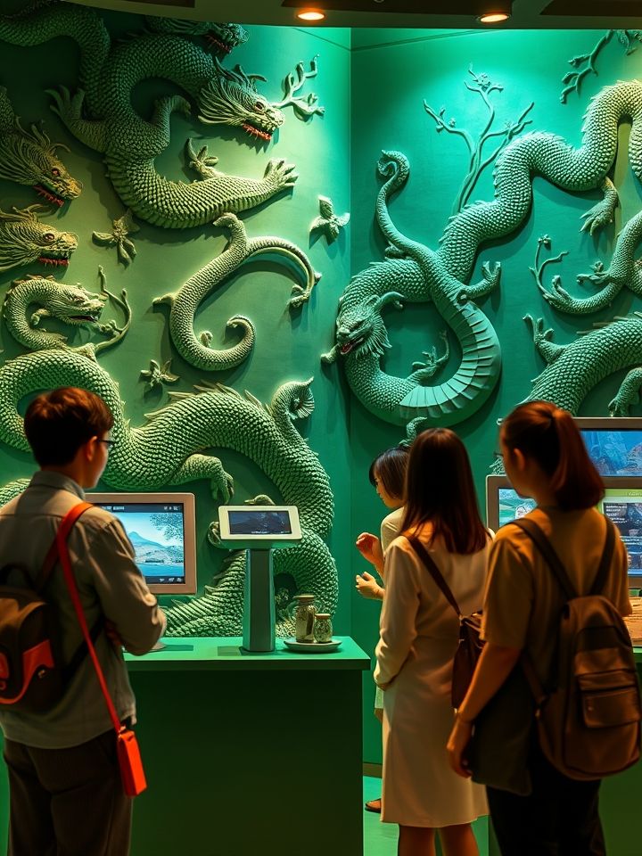 展示明亮门店印有龙纹浮雕的墨绿色主题空间及顾客操作自助点单屏的实拍图，配文“龙的良方式茶标准店实景·单日最高接待632单”