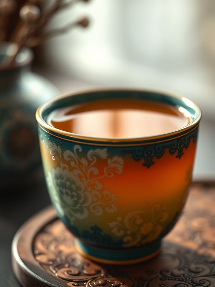 产品特写图，渐变琥珀色饮品搭配敦煌纹样杯套，杯身凝结着细密水珠