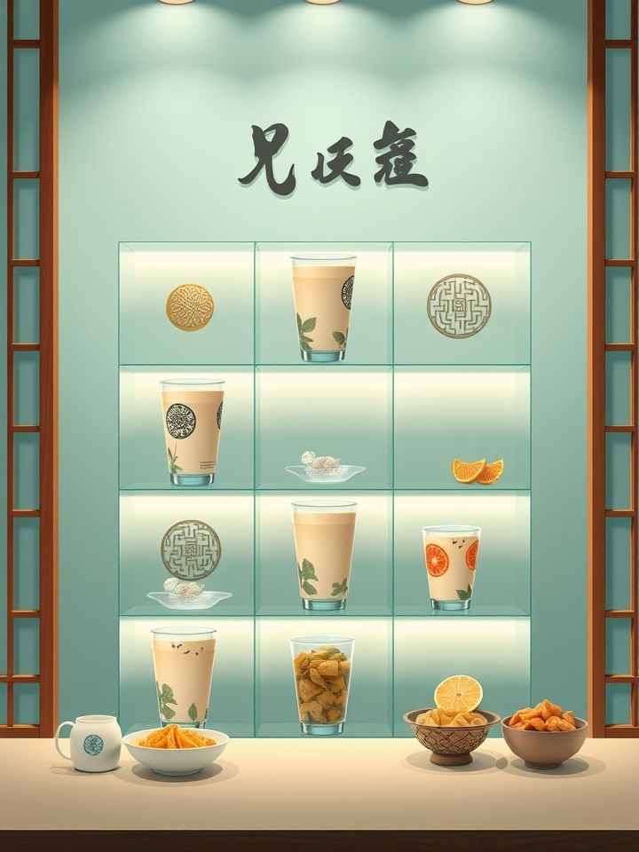 为产品组合示意图，九格宫展示招牌奶茶与创意小食套餐