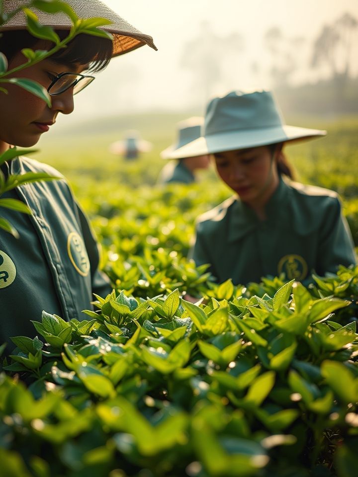特写茶园采摘场景，工人身着印有品牌LOGO的采茶服