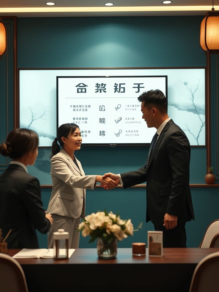 呈现加盟商签约仪式现场，创业者与品牌代表握手，背景有加盟政策展示屏