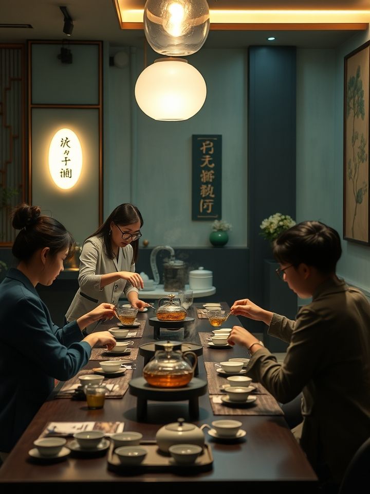 呈现加盟商培训现场，导师示范拉茶技艺，学员实操设备