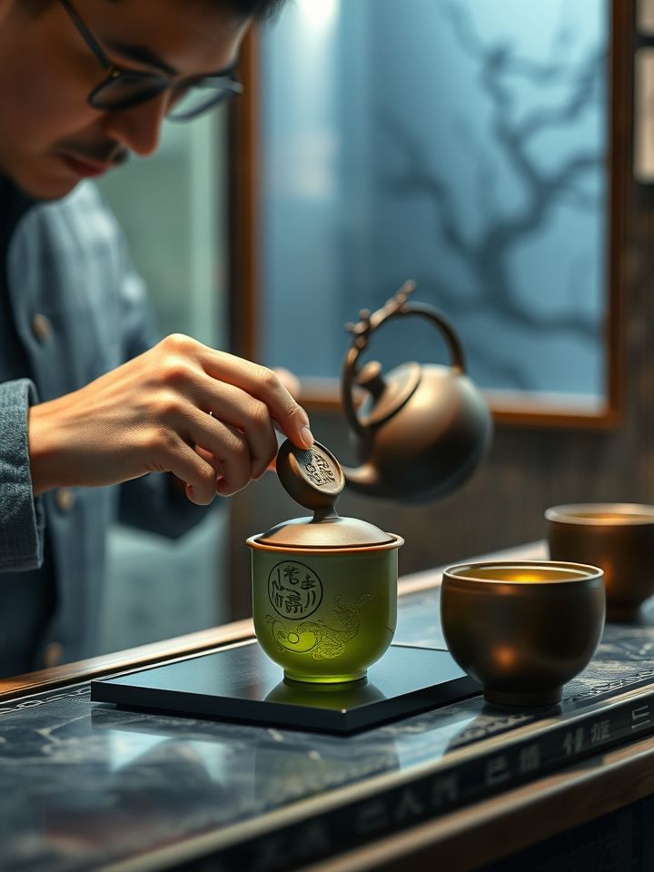 透明操作间特写，茶艺师用定制紫砂壶闷泡栀子绿茶底，吧台陈列带龙纹封印鲜奶冷链箱