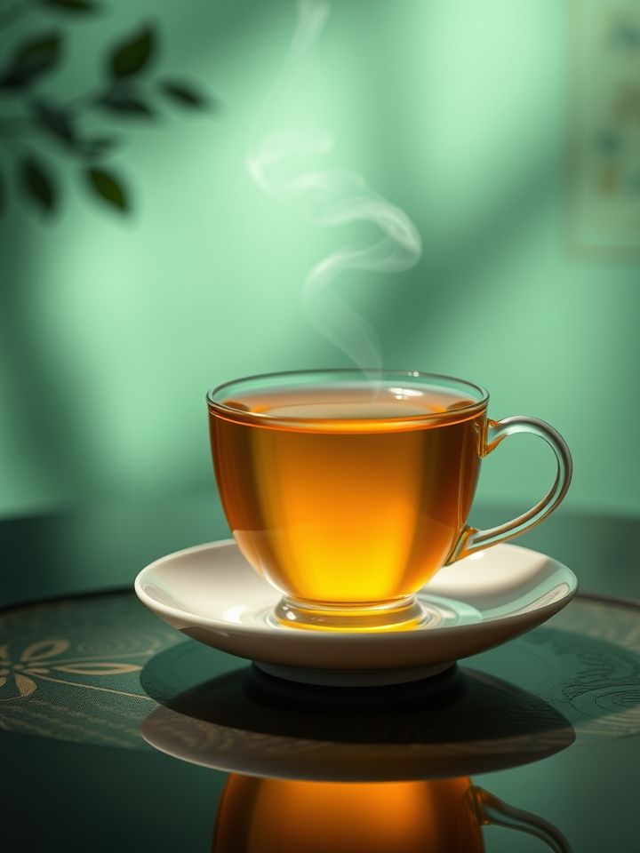 金黄透亮的金花六堡茶汤盛于白瓷杯中，热气袅袅升起，展现茶品的温润质感。