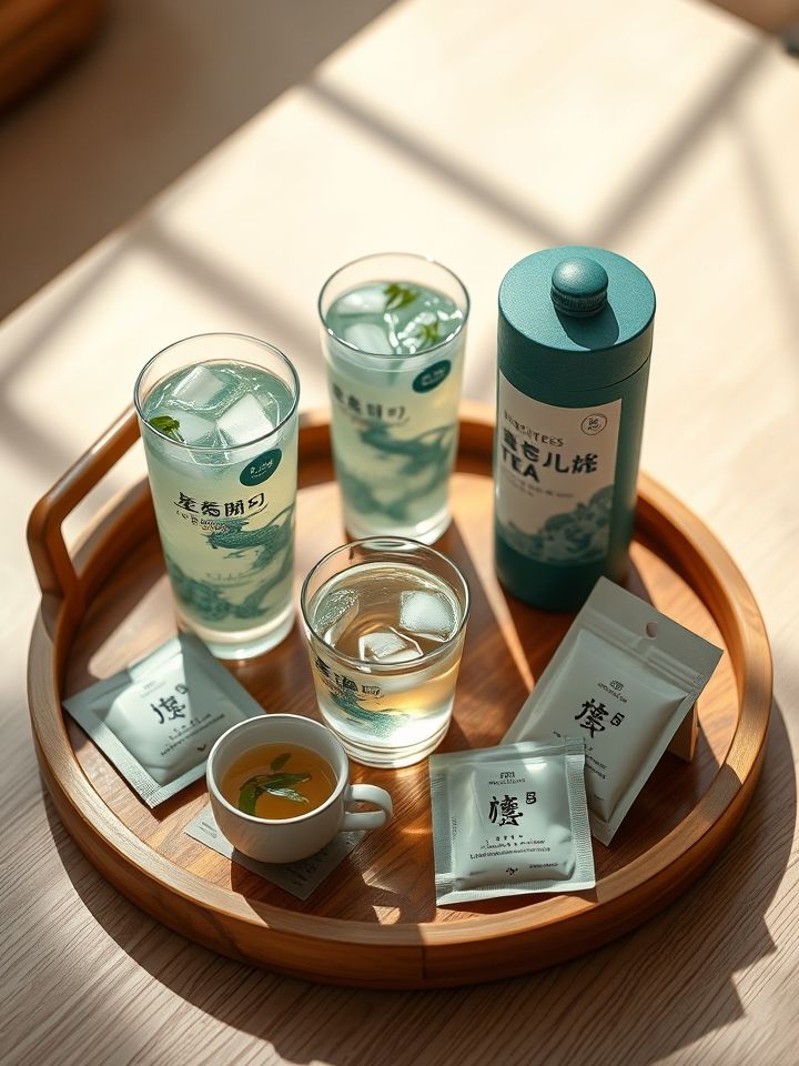 呈现龙的良方式茶产品组合，木质托盘陈列3款层次分明招牌饮品，搭配独立包装养生小料包