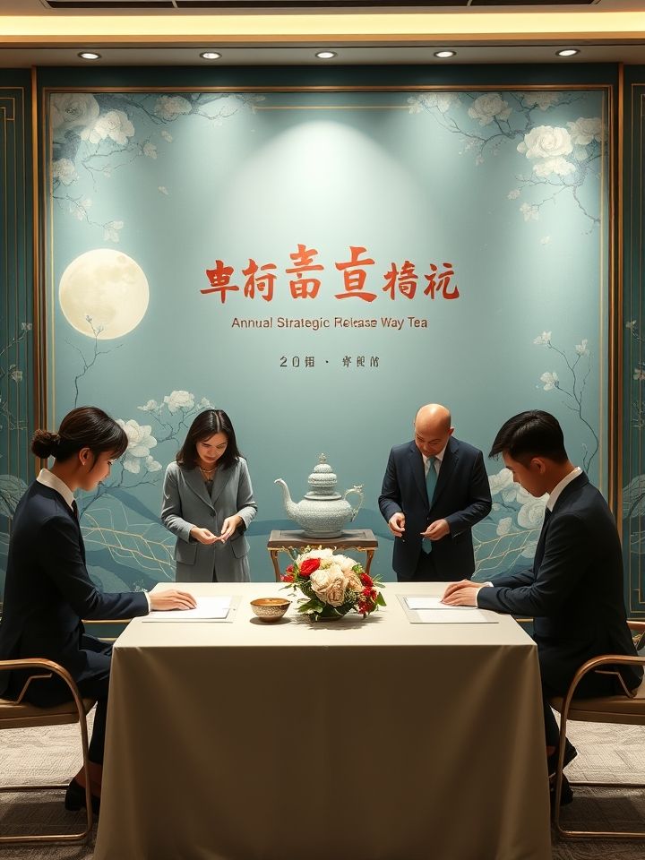 加盟商签约现场图，背景为“龙的良方式茶年度战略发布会”主题展板
