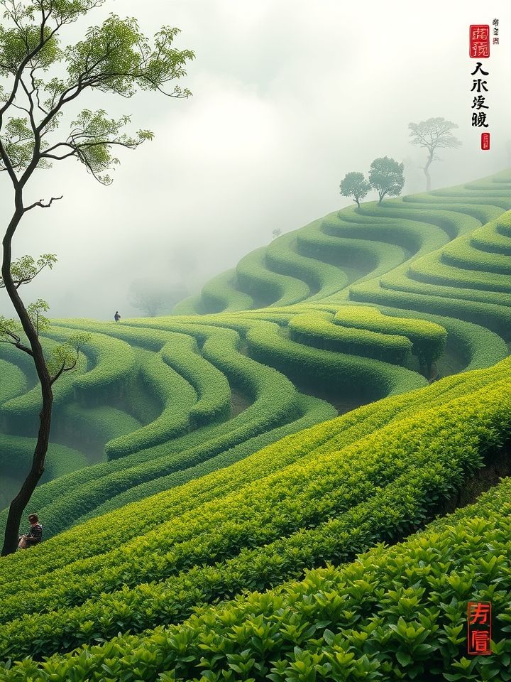 茅山茶是什么茶相关的(**插图1**:晨雾笼罩的梯田茶园，采茶人背竹篓穿梭于翠绿茶垄间)</p>
<p>“龙的良方式茶”非遗技艺传