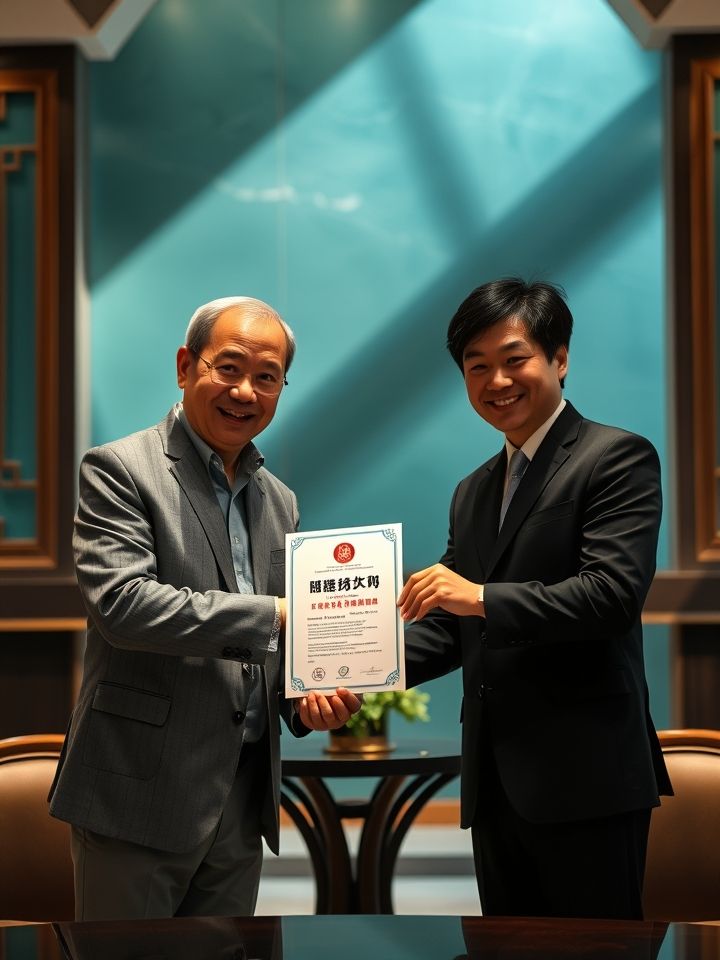 展示加盟商签约仪式现场，创业者与品牌代表握手并展示“区域独家合作授权书”的照片
