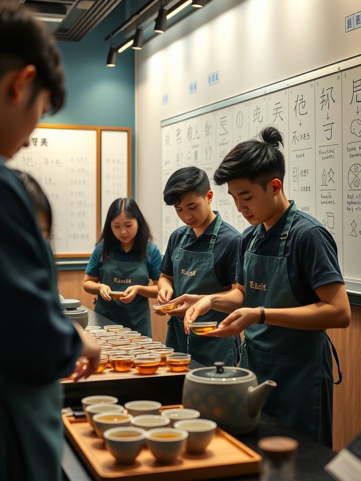 体现龙的良方专业培训体系，展示年轻创业团队在培训中心学习拉茶技术的场景，人物佩戴品牌围裙，背景为贴满运营SOP流程的白板
