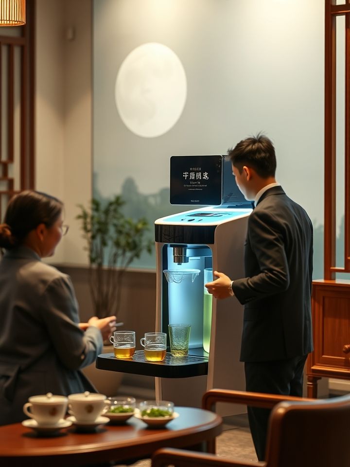 展示加盟商培训现场实拍，讲师正在演示全自动萃茶设备操作