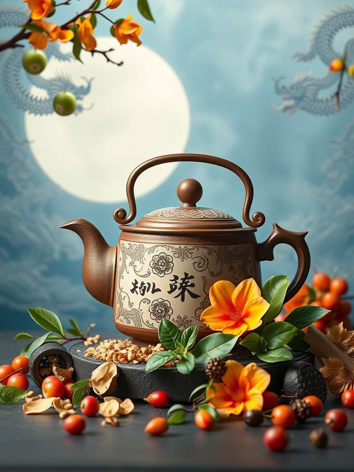 展现龙的良方奶茶传统与现代融合视觉特色的品牌形象图，有古风茶壶与新鲜食材交织，背景融入龙纹元素