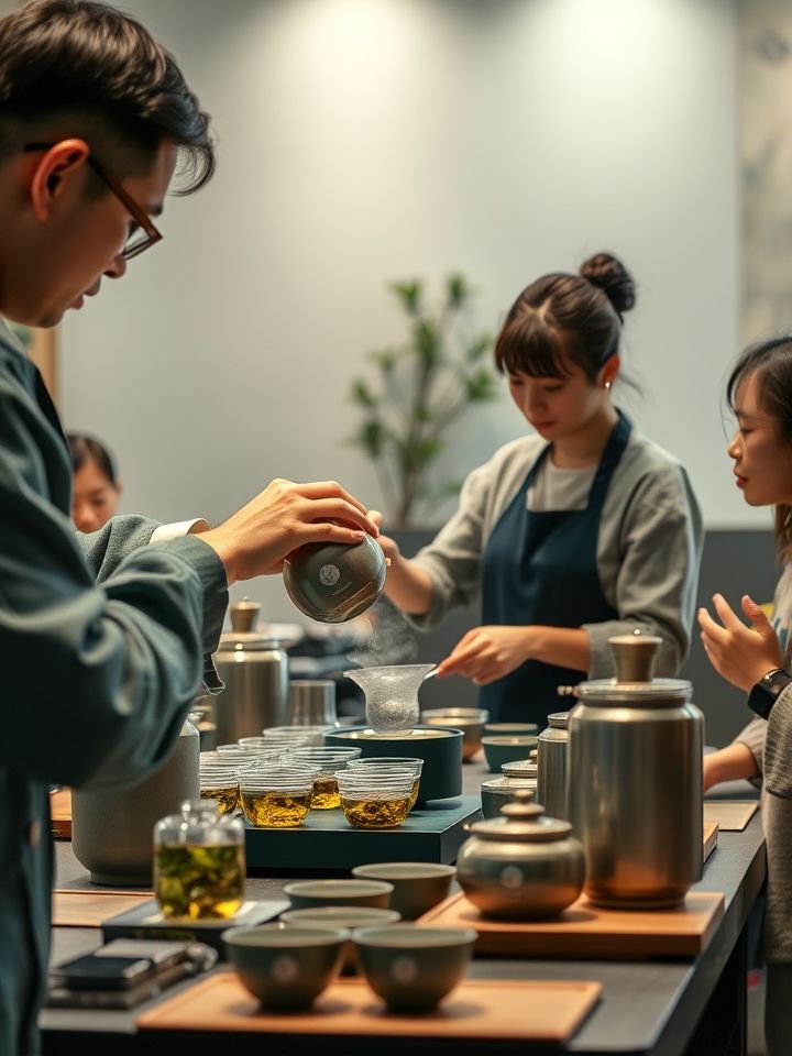 拍摄加盟商培训现场，导师指导茶饮制作，操作台陈列品牌定制设备与原料罐