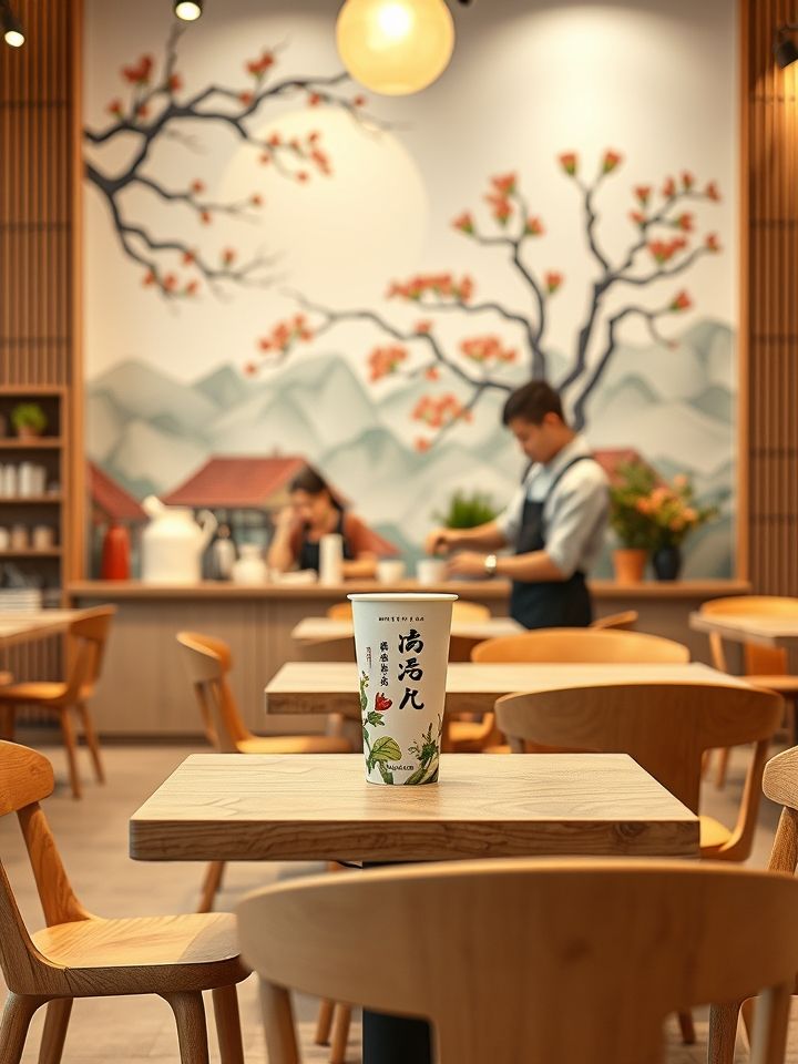 明亮门店实景，原木色桌椅搭配敦煌壁画元素背景墙，店员制作带有“宁夏枸杞鲜奶茶”杯贴产品
