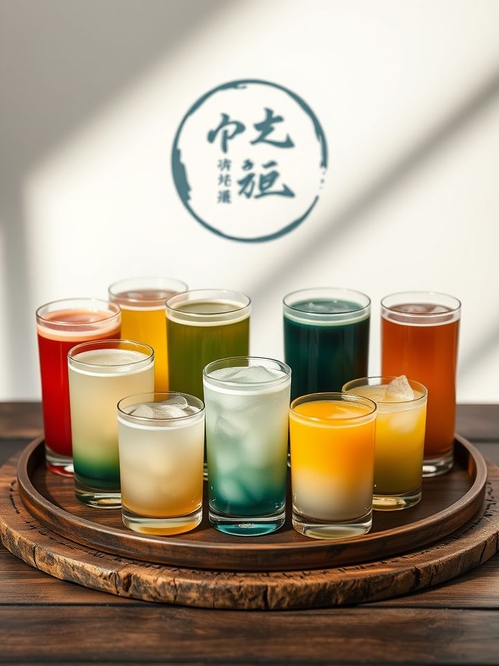 产品全家福，9款渐变色调饮品在木质托盘上摆出绽放造型，背景为水墨风品牌LOGO