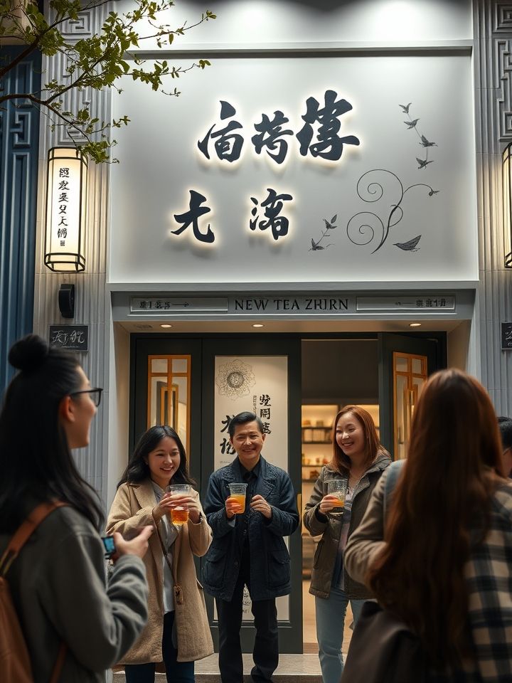 展示品牌现代中式风格门头门店实景，有顾客手持特色茶饮打卡拍照