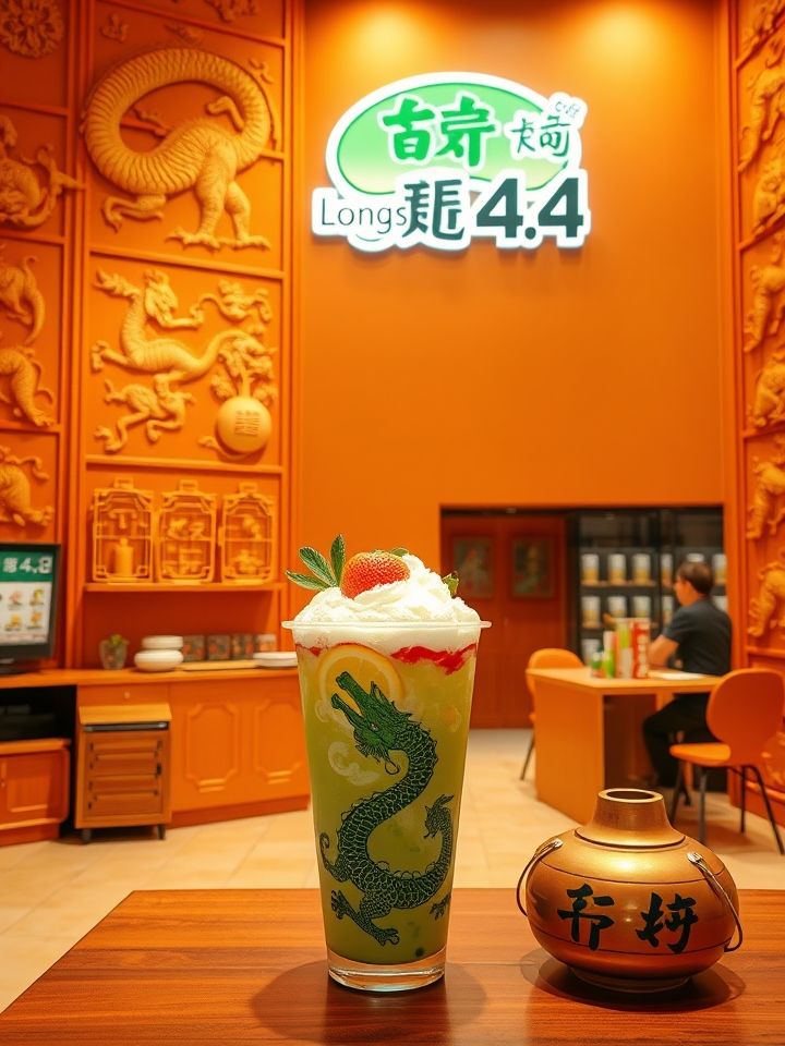 展示明亮整洁的龙的良方式茶4.0门店实景图（琥珀色主视觉与龙纹浮雕墙饰）、九宫格产品组合图（主打饮品顶部的龙形雪顶与新鲜果肉细节）、加盟商培训现场照片（导师演示茶叶萃取黄金比例操作）；官网保留门店业绩数据真实性解释权，具体政策以签约合同为准