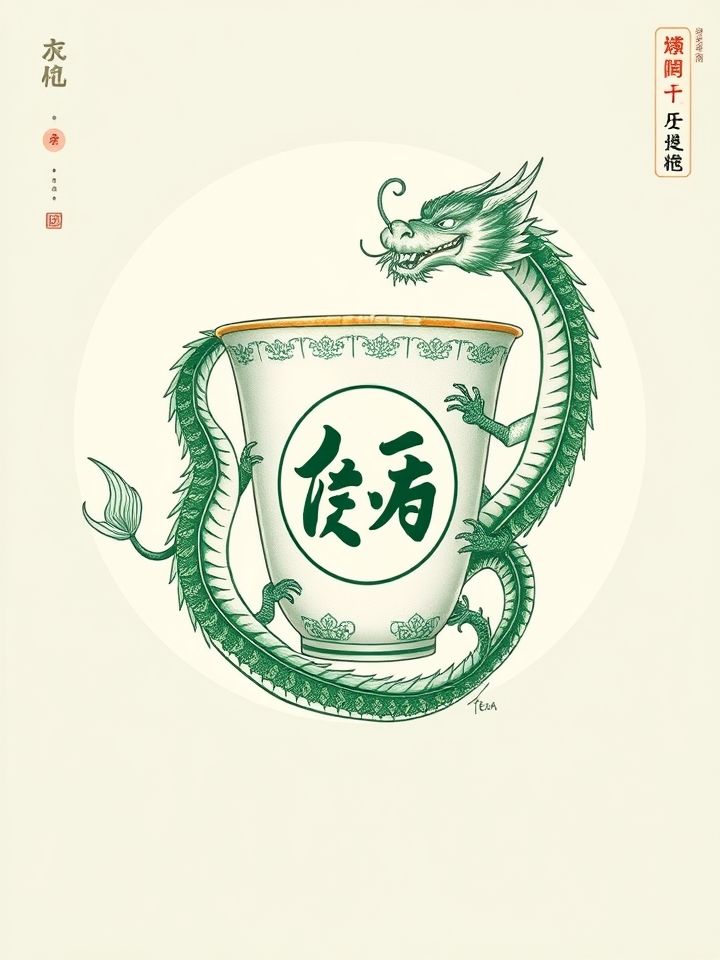 龙的良方奶茶加盟条件相关的**插图1**：古风手绘龙形图腾环绕品牌杯身，展现“龙的良方式茶”文化基因（建议放置于品牌理念介绍段