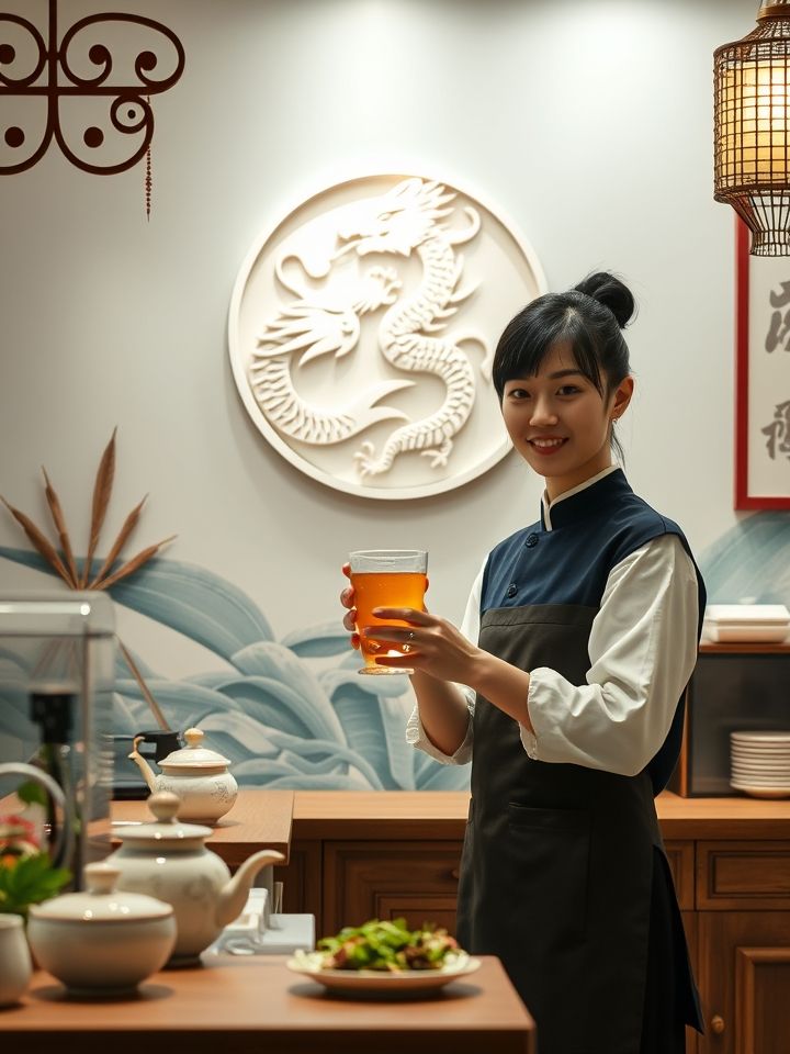 龙的良方式茶明亮整洁的门店实景，店员递特色饮品，背景有品牌龙形LOGO与国风装饰元素