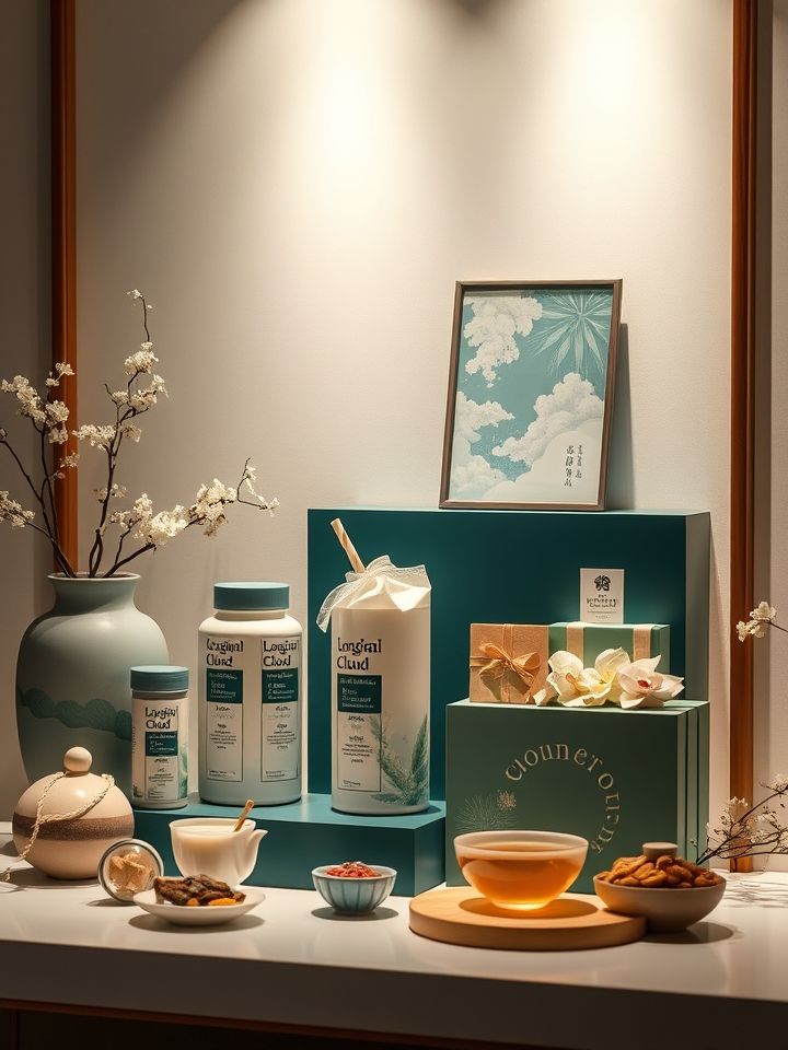 展示产品组合，包括招牌龙眼椰云、节气限定茶饮与文创礼盒阵列